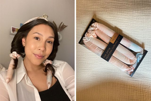 good housekeeping's associate product and reviews editor models the kitsch heatless headband hair curler, pictured next to its original packaging