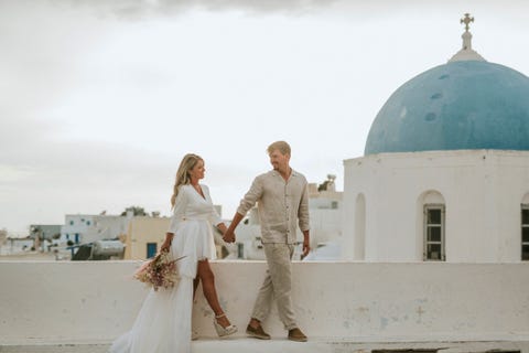  helena and henry got married in santorini in an 'elopement wedding' a wedding in 'petit committee' where the bride dazzled with an alicia wheel tutu