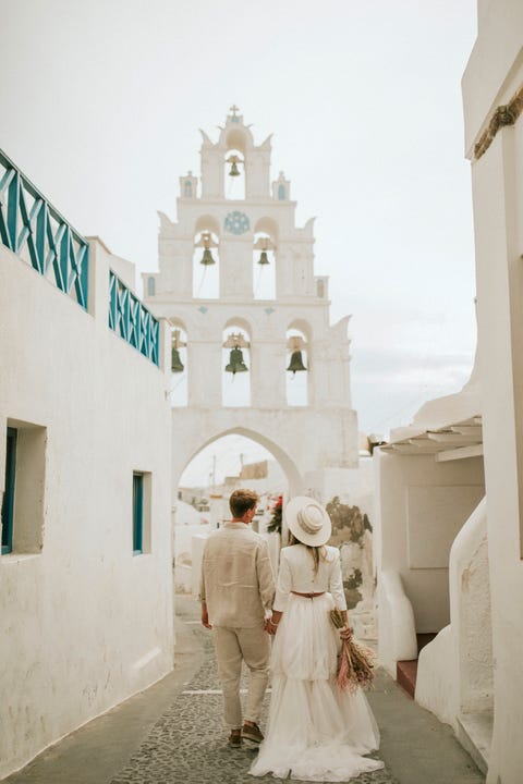  helena and henry got married in santorini in an 'elopement wedding' a wedding in 'petit committee' where the bride dazzled with an alicia wheel tutu