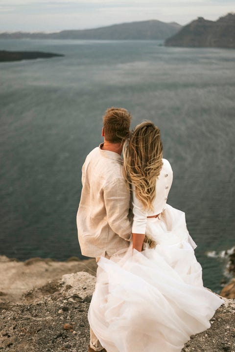  helena and henry got married in santorini in an 'elopement wedding' a wedding in 'petit committee' where the bride dazzled with an alicia wheel tutu