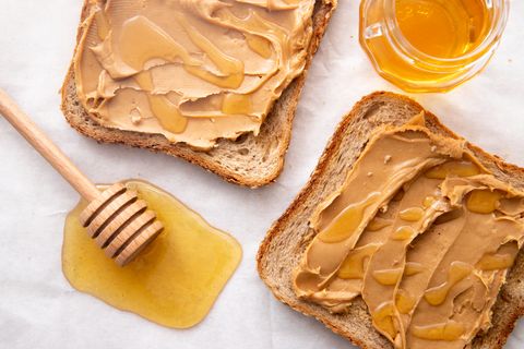 high angle view of honey with peanut butter on table
