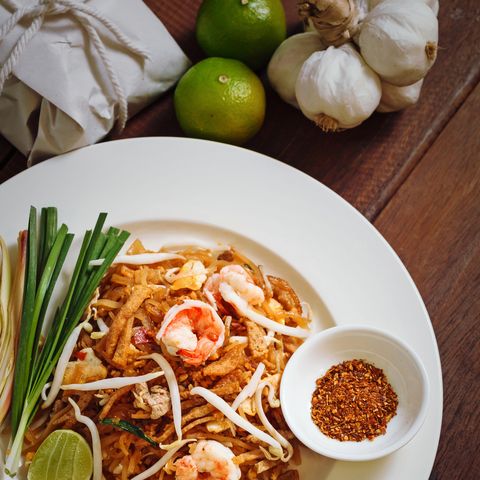 Pad Thai In White Plate On Table