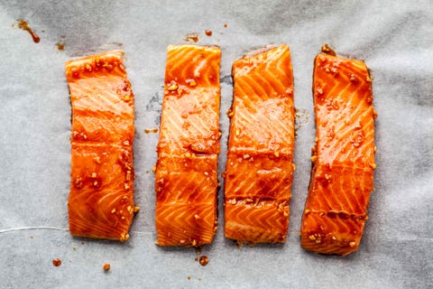 High Angle View Of Salmon On Table high angle view of salmon on table