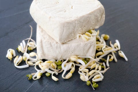 High Angle View Of Tofu And Sprouts On Table High Angle View Of Tofu And Sprouts On Table