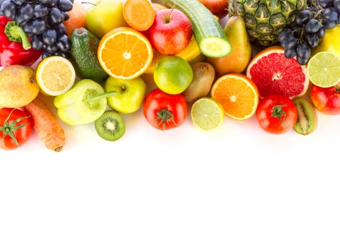 High Angle View Of Various Fruits And Vegetables On White Background