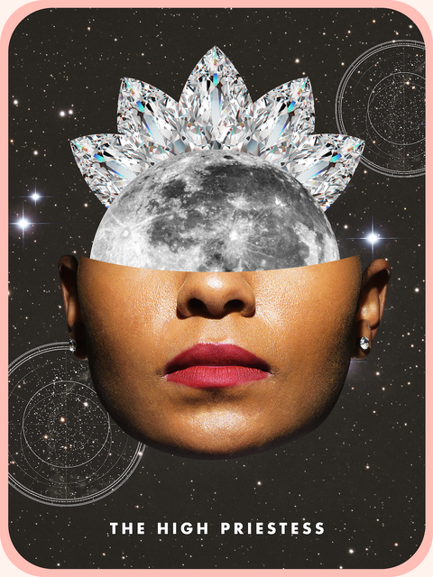 the High Priestess tarot card, showing the lower half of a black woman's face with red lipstick and diamond earrings with a full moon behind her