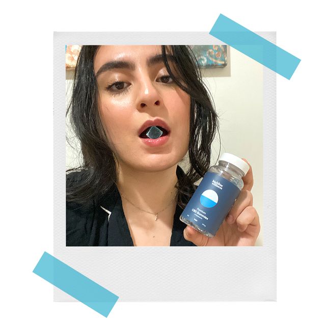 jen with highline wellness cbd gummies in her mouth