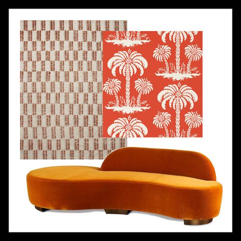 persimmon trend with a rug by carrier  co for loloi, a julian chichester sofa, and a fabric by thibaut