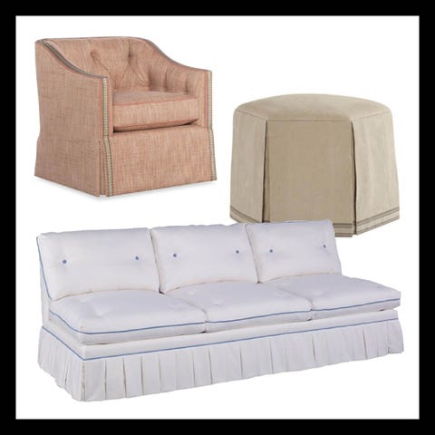 skirted upholstery trend showing a chair by barrie benson for highland house, a sofa by mark d sikes for chaddock and an ottoman by lee industries