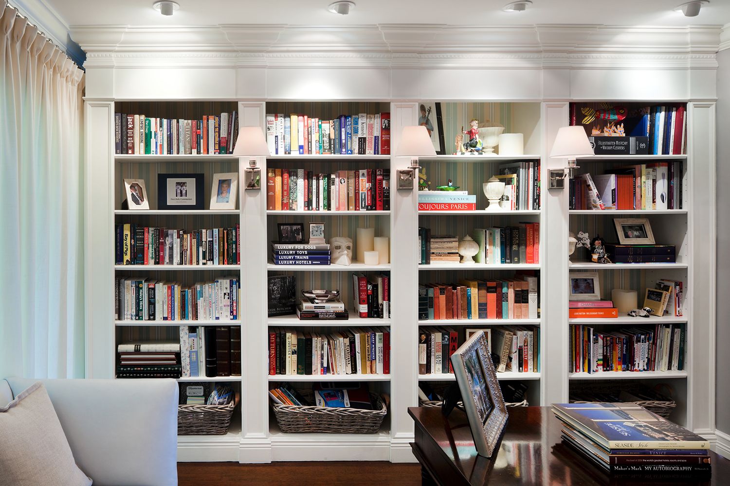 Brown Bookcases With White Walls Living Room