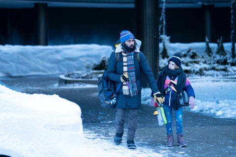 himesh patel with matilda lawler on the set of station eleven