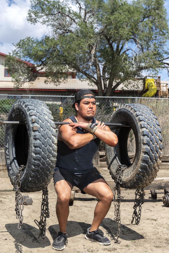 actor and native american social advocate loren anthony lifts weights in the backyard of his home in gallup new mexico