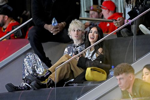 las vegas, nevada   february 05 l r machine gun kelly and megan fox are seen in the stands after his performance during the 2022 honda nhl all star game at t mobile arena on february 05, 2022 in las vegas, nevada photo by david beckergetty images