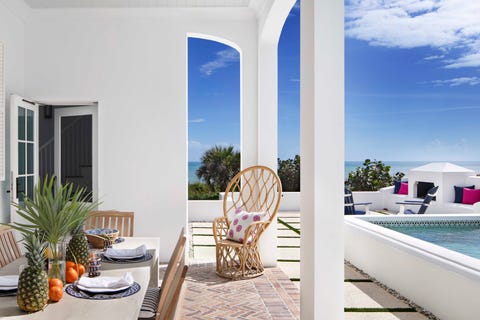 pool, dining area, exterior, white house