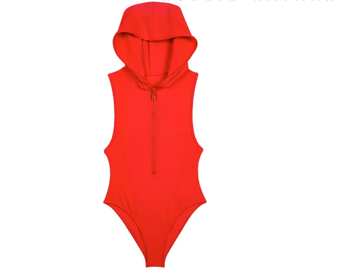 Red, Clothing, Hood, Outerwear, Sleeve, One-piece swimsuit, Hoodie, Jacket, Zipper, 