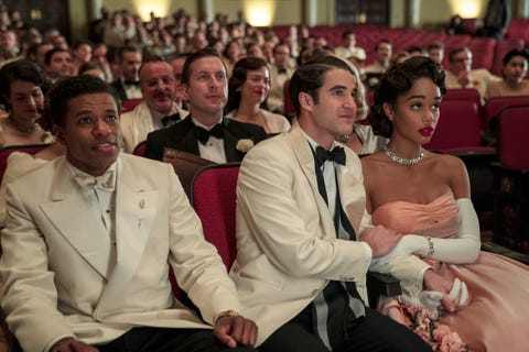 jeremy pope, darren criss, and laura harrier in netflix's hollywood