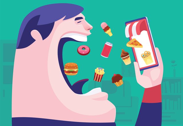 dibujo de un hombre comiendo comida basura con su teléfono