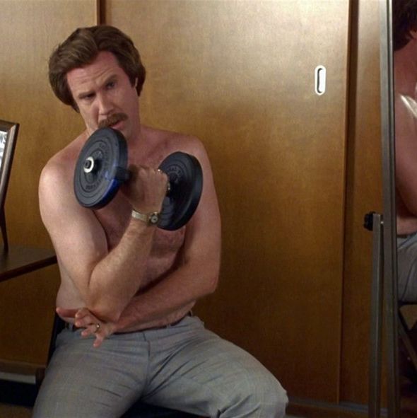 Ron Burgundy lifting weights