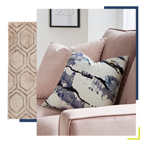 pink sofa with various textured cushions, as well as textured rug