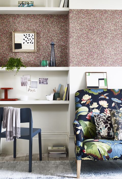 home office ideas, floral and foliage inspired prints, geometric patterns and smart stripes can all look amazing and add interest and energy when used well.  key areas use a horizontal strip of busy wallpaper to break up a stretch of white wall and make a shelf feature in a recess or alcove - the mawston prairie wallpaper from the freedom of the hedge would work well, and although this that's £115 a roll you won't need much