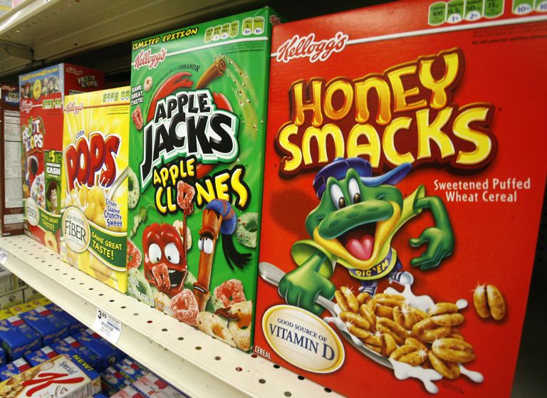 Honey Smacks and Apple Jacks cereal on a shelf