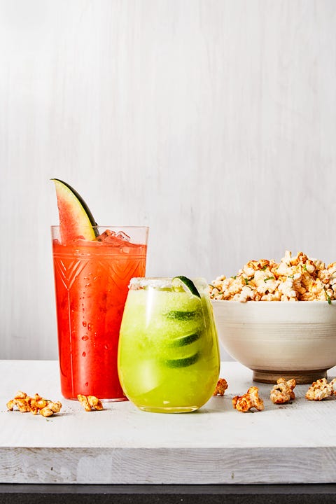 honeydew margarita cocktail, watermelon rum punch cocktail, chili lime popcorn appetizer