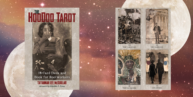 the hoodoo tarot deck, showing a black woman looking at bones on a table, next to four of the cards showing vintage illustrations