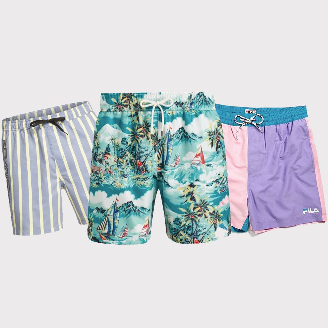 Domple Mens Striped Beach Drawstring Classic Swim Drawstring Boardshorts