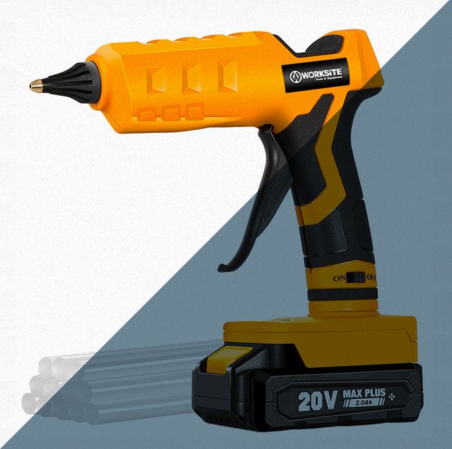 yellow worksite hot glue gun against gray and white background