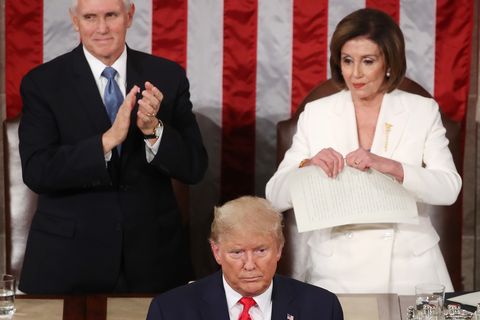 House Speaker Rep. Nancy Pelosi (D-CA) rips up pages of the State of the Union speech after U.S. President Donald Trump fin