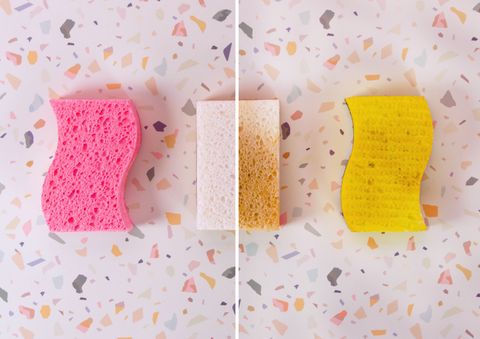 before and after cleaning a pink white and yellow sponge on colorful terrazzo surface