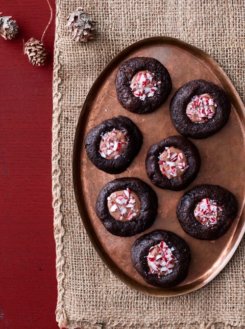 christmas cookie decorating with chocolate thumbprint cookies