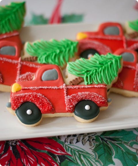 christmas cookie decorating with red truck sugar cookies with tree