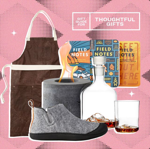 gift guide for thoughtful gifts from huckberry apron, field notes, flickr, decanter and glass, and shoes