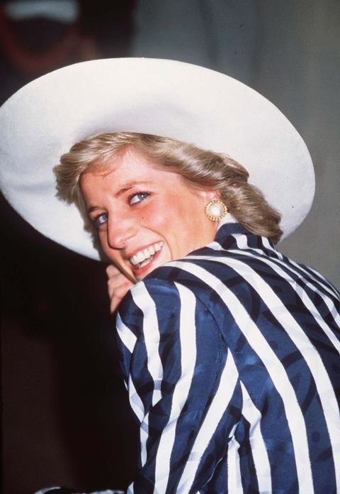 melbourne, australia   january 27 diana, princess of wales, wearing a silk navy blue and white striped suit designed by roland klein and a hat designed by philip somerville, smiles as she visits melbourne youth council music camp at the victorian college of the arts on january 27, 1988 in melbourne, australia photo by anwar husseingetty images