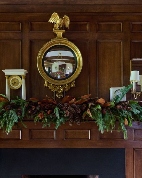 wood mantel with garland