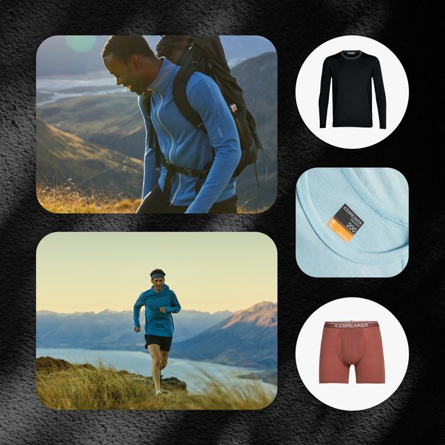 collage of man hiking wearing icebreaker clothing and backpack, another man running wearing icebreaker gear on hillside, black long sleeve, t shirt sky blue detail, and red boxers