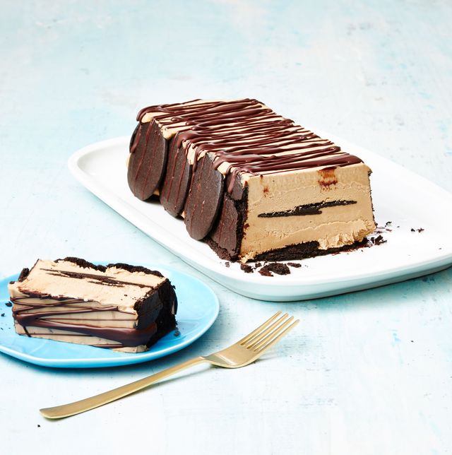 cappuccino icebox cake with chocolate drizzled on top