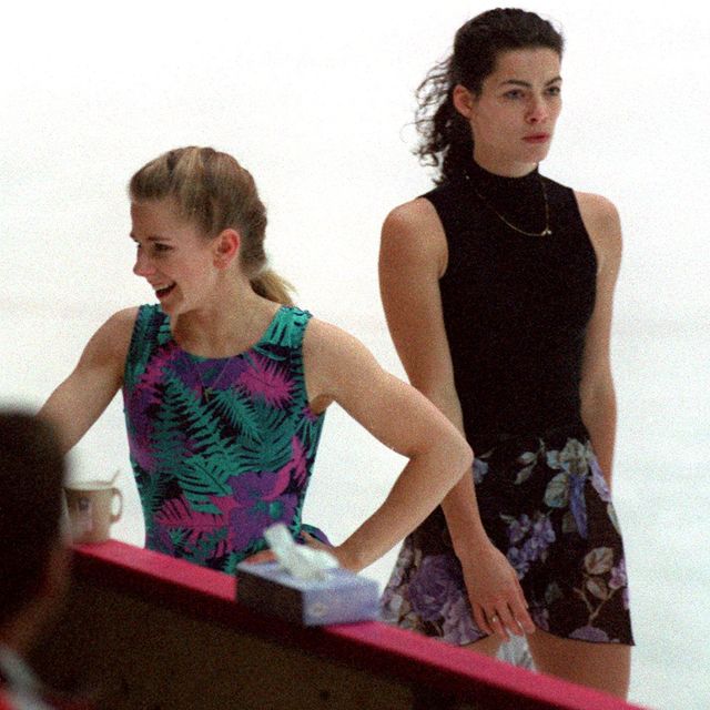 hamar   february 16 tonya harding is passed by nancy kerrigan during their first practice session photo by john tlumackithe boston globe via getty images