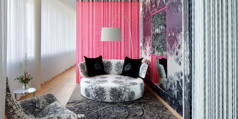Curtain, Room, Interior design, Furniture, Living room, Pink, Property, Window treatment, Wall, Floor, 
