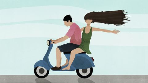 illustration of couple riding on motor scooter against sky