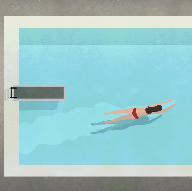 illustration of woman swimming in pool at resort