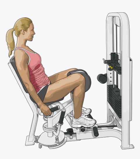 Illustration of woman using hip abductor with kneepads and dual foot rest illustration of woman using hip abductor with kneepads and dual foot rest