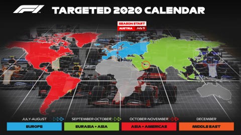 representación en mapa del calendario 2020 de la fórmula 1 tras el coronavirus