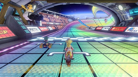 brie larson's luigi and my peach at the start of what would've been our second race on mario kart 8's rainbow road﻿