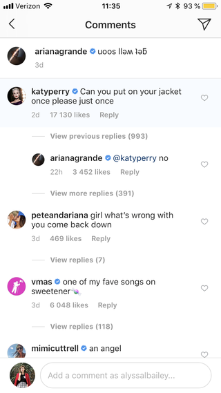 Ariana Grande Posts Snarky Reply to Katy Perry's Instagram Comment ...