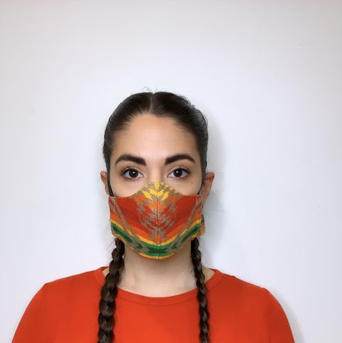 indigenous designer korina emmerich models her split shot facemask originally designed as a part of the emme anadromous fall collection in 2019