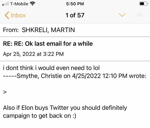 christie smythe martin shkreli email elon musk twitter