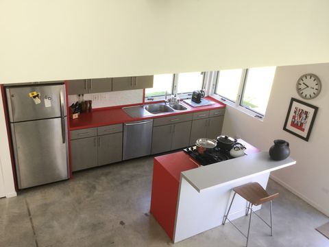 birds eye view of red kitchen