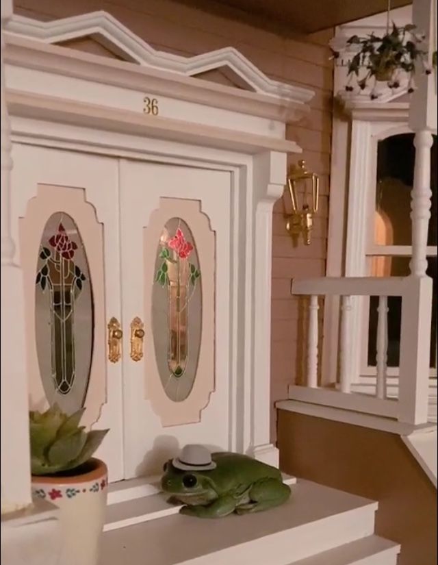 a tiktok video shows a frog living it up in a dollhouse